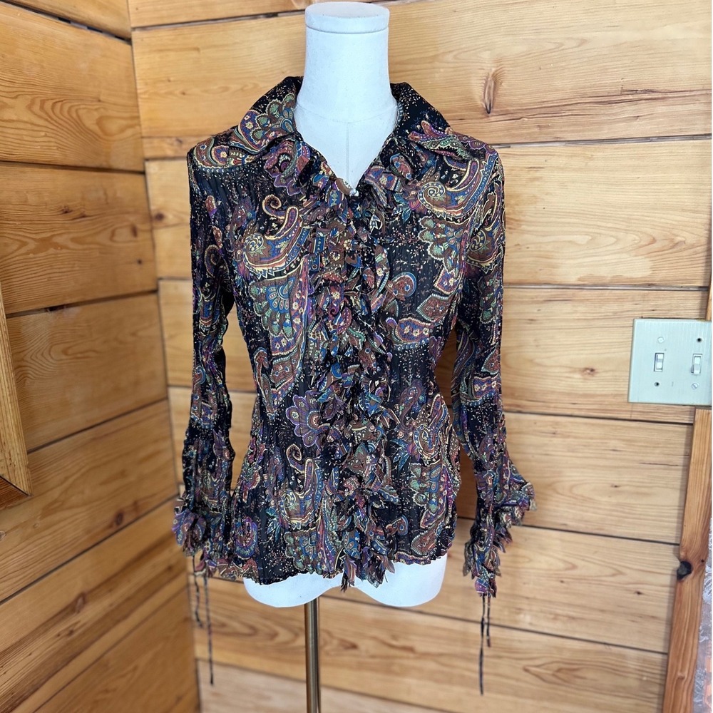 Vintage Paisley Ruffle Blouse Womens Small Black Multi Whimsigoth Lloyd Williams